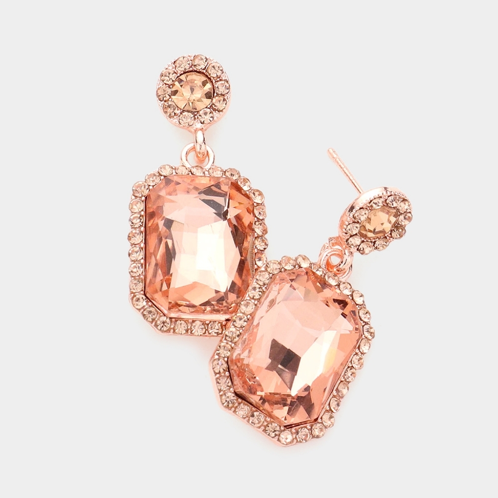Peach Rose Gold Rectangle Stone Dangle Crystal Earrings 1.4 Inch Evening Jewelry